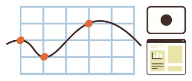 Veri noktaları, kamera lensleri ve rapor örneği içeren tarayıcı pencereli bir ızgara çizelgesi üzerinde trend çizgisi. Analiz, iş büyümesi, araştırma, raporlama, planlama, eğitim için ideal basit düz metafor