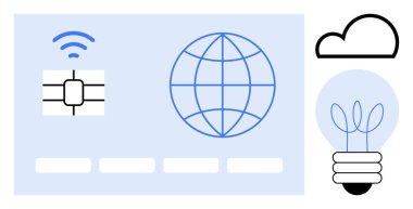 Mikroçip, küre, bulut, lahanalı ampul küresel bağlantıyı, yeniliği ve sürdürülebilirliği vurguluyor. Teknoloji için idealdir, çevre için finansman eğitimi başlatır. Basit düz