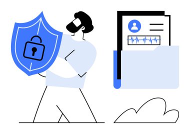 Kişisel profil ve kalp atışı verileri içeren kilit simgesi ve dijital klasörü olan bir adam kalkanı tutuyor. Gizlilik, siber güvenlik, sağlık, veri yönetimi, güvenlik, dijital kimlik için ideal