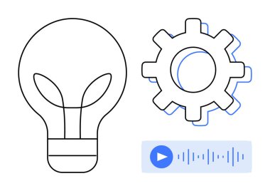 Yaratıcılık için ampul, otomasyon için teçhizat ve teknoloji için oyun ikonu olan ses dalgası. Yenilik, teknoloji, yapay zeka, yaratıcılık, üretkenlik otomasyon iletişimi için idealdir. Basit düz