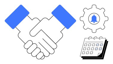 İki el titriyor, içinde zil olan mavi dişli, zaman yönetimi için takvim. İşbirliği, ortaklık, takım çalışması, zaman planlama, bilgilendirme hatırlatmaları için ideal. Basit düz metafor