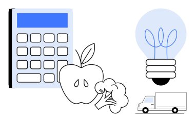 Elma ve brokoli dışında hesap makinesi, yaprak tasarımlı ampul ve teslimat kamyonu. Sürdürülebilirlik, gıda lojistiği, yenilik, çevre dostu uygulamalar, enerji, bütçe ve eğitim için ideal