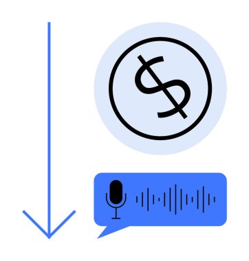 Aşağı doğru ok, çemberin içindeki dolar sembolü, mikrofonlu konuşma balonu ve ses dalgaları. Finans, tasarruf, teknoloji, ses etkileşimi, maliyet azaltma ödeme iletişimi için ideal. Basit.
