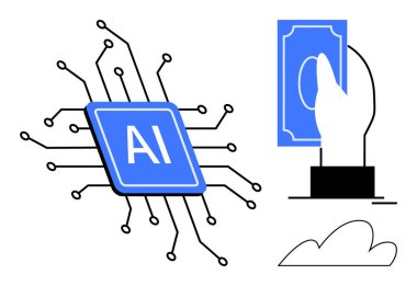Devreli yapay zeka çipi, el ele tutuşma para notu ve bulut simgesi yenilik, dijital işlemler, bulut çözümleri, teknolojik gelişmeler, otomasyon, finans ve fütüristik basitliği temsil etmektedir.