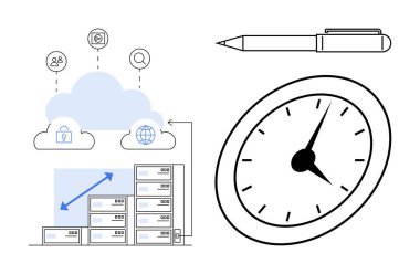 Kullanıcılarla dolu bulut veri depolama, güvenli bağlantı simgeleri, ölçeklenebilir sunucular, kalem ve saat. Üretkenlik, verimlilik, zaman yönetimi, organizasyon teknolojisi iş akışı için ideal