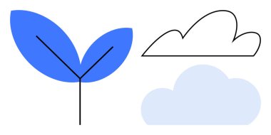 Düz mavi filiz, basit bulutlarla, organik büyüme ve çevresel uyumu birleştiriyor. Sürdürülebilirlik, ekoloji, yenilik, tarım, eğitim, çevre bakımı için ideal, asgari tasarım