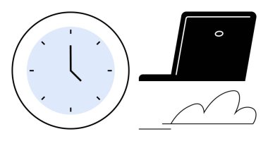 Dizüstü bilgisayarın yanında mavi yüzlü bir saat ve soyut bulut uzaktan çalışma, denge ve verimliliği öneriyor. Zaman yönetimi için ideal, uzak çalışma, üretkenlik, zamanlama, iş akışı, modern iş
