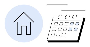 Belirli tarihleri olan bir takvimin yanındaki minimalist ev simgesi. Temalar için ideal ev organizasyonu, planlama, planlama, iş hayatı dengesi, uzaktan çalışma, zaman yönetimi ve basitlik. Temizle