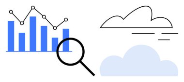 Eğilim çizgisi olan çubuk grafik, büyüteç ve soyut bulutlar. Veri analizi, istatistik, teknoloji, yenilik, hava durumu, iş çözümleri ve basit düz metaforda ilerleme için ideal