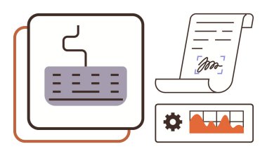 Bilgisayar klavyesi, imzalı belge ve analitik grafik dijital iş akışını, e-imzayı, teknolojiyi, otomasyonu, verimliliği, verimliliği ve veri yönetimini temsil eden teçhizatla birlikte. Dijital için ideal