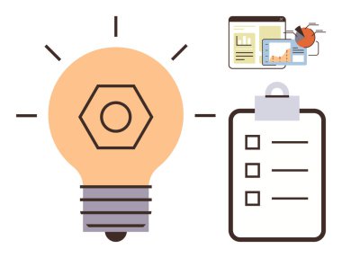 Kontrol listesi ve veri analiz ekranlarının yanında yeniliği sembolize eden ampul. Planlama, yenilik, organizasyon, strateji, üretkenlik, beyin fırtınası ve proje yönetimi için ideal. Temiz daire
