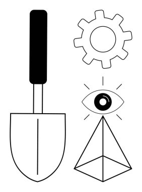 Malafat, teçhizat, ışınlı göz ve piramit çizimi. İnşaat, yenilik, vizyon, keşif gelişimi için ideal yaratıcılık soyut düşünce. Basit düz metafor.