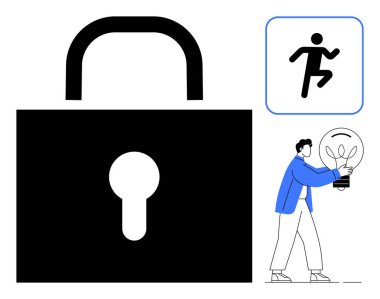 Büyük asma kilit güvenliği simgeler. Koşan figür hareket ya da kaçış öneriyor. Ampul tutan kişi yaratıcılığı ya da yeniliği temsil eder. Güvenlik, sorun çözme ve ilerleme için ideal