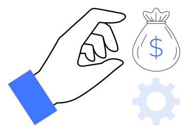 Elin para çantasına ve teçhizata uzanıyor. Finans, yatırım, kâr, iş stratejisi, fırsat, yenilik ve karar verme için ideal. Temiz, düz metafor