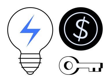 Sürgülü ampul, bozuk para ve siyah-mavi anahtar. Yenilik için ideal, finansal kazanç, problem çözme, strateji, girişimcilik enerji sektöründe büyüme. Basit düz metafor
