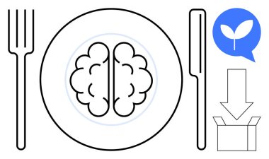 Çatal ve bıçaklı beyin görüntüsü, yaprak konuşma balonu ve kutu simgesine yükle. Farkındalık, beslenme, akıl sağlığı, sürdürülebilirlik, büyüme eğitimi için idealdir. Basit düz