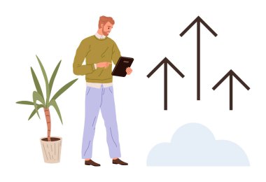 Genç adam elinde oklarla bulutların üzerinde büyüdüğünü ve doğayı sembolize eden bitkileri gösteriyor. Büyüme, yenilik, başarı, planlama, ilerleme, gelişme, strateji için idealdir. Basit düz metafor