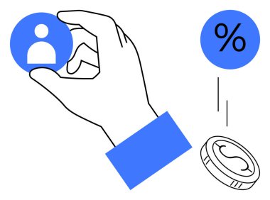 Yüzde sembolü ve düşen madeni para ile el ele tutuşan profil simgesi, kullanıcı kazancı, değeri ve maliyeti temsil ediyor. Müşteri analizi, pazarlama, iş büyümesi, ekonomi ve yönetim için ideal