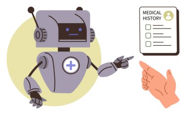Tıbbi geçmişi gösteren bir haçı olan robot ve rehberlik için insan eli. AI için sağlık, teknoloji, hasta yönetimi, tıbbi veriler, yenilik, robot destekli