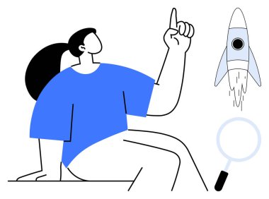 Yukarıya bakan düşünceli bir kadın, yanında bir roket ve altında bir büyüteç. Yenilik için ideal, girişimler, keşif, büyüme, problem çözme, keşif araştırması. Modern