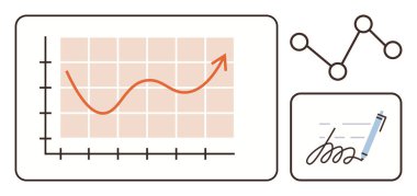 Artan çizgi grafiği büyümeyi vurguluyor, ağ düğümleri bağlantıları gösteriyor ve imzalanmış belge anlaşmayı vurguluyor. Veri büyümesi, analitik, iş stratejisi, ağ oluşturma, başarı, sözleşmeler için ideal