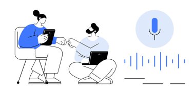 Tablet ve dizüstü bilgisayar kullanan iki meslektaş bir mikrofon ve ses dalgası grafikleri ile tartışmaya giriyorlar. Takım çalışması, iletişim, teknoloji, yenilik, veri analizi, uzaktan çalışma, basit