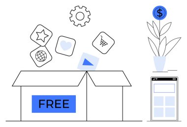FREE etiketli açık kutu uygulama simgeleri, teçhizat, bozuk parayla bitki ve akıllı telefon ekranı. Teknoloji, mobil uygulamalar, serbest kaynaklar, yenilik, iş büyümesi için ideal basit düz metafor