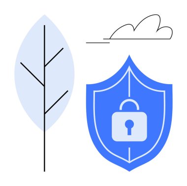 Kilitli mavi kalkan, asgari ağaç dalı ve bulut elementleri. Güvenlik, sürdürülebilirlik, çevre dostu, veri koruması, dijital mahremiyet, çevre güvenliği ekolojik mesajlaşma için idealdir. Basit.