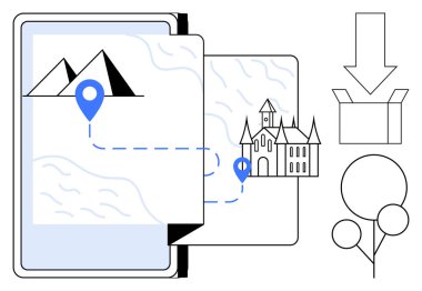 İşaretli yerleri, piramitleri ve kaleyi gösteren harita seyahat ve seyrüsefer görselleştirir. Turizm, coğrafya, teslimat, navigasyon, macera eğitimi için ideal. Minimalist düz metafor