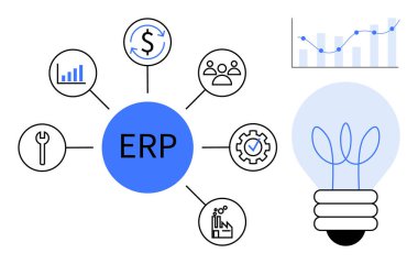 ERP merkez bağlantıları finans, analitik, insan yönetimi, araçlar ve verimlilik. Grafik ve ampul büyüme ve yeniliği simgeler. İş için ideal, verimlilik, bütünleşme planlama yönetimi