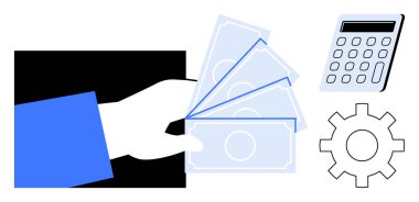 Hesap makinesinin ve vites simgesinin yanında el ele tutuşan banknotlar mali işlemleri, bütçeyi, yönetimi ve işlem verimliliğini sembolize ediyor. Para yönetimi, mali planlama ve muhasebe için ideal