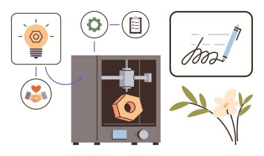 3D yazıcı, fikirler, iş akışı simgeleri, imza kalemleri ve çiçek dekoru için tasarlanmış ampullerle çevrili bir nesne üretiyor. Yenilik, yaratıcılık, prototipleme, teknoloji ekip çalışması için ideal