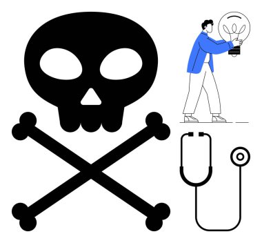 Çapraz kemikli siyah kafatası, tıbbi steteskop ve elinde ampul tutan kişi. Sağlık, yenilik, tehlike, risk, sağlık, yaratıcılık için ideal. Basit düz metafor.