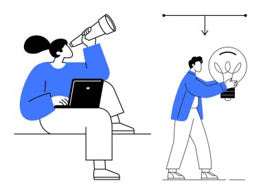 Teleskoplu ve dizüstü bilgisayarlı bir kadın fırsatlar arıyor, erkek ampul taşıyor ve yeni fikirleri simgeliyor. Takım çalışması, yenilik, yaratıcılık, vizyon, çözümler, strateji, basit düz metafor