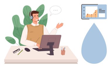 Masadaki sanal sunum sırasında kulaklıklı bir adam konuşuyor. Veri grafiği, bitkiler ve su damlası dahil. İletişim, eğitim, teknoloji, çevre, takım çalışması analizleri için ideal