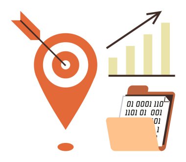 Oklu hedef, büyüme grafiği, ikili kod dizini. İş stratejisi, veri analizi, başarı planlama, hedef başarı, dijital pazarlama finansal büyüme ve ilerleme için ideal. Basit düz