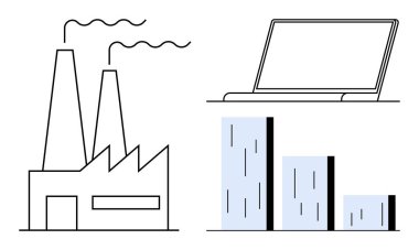 Baca yayan bir fabrika, bir laptop ve dikey bar grafiği. Endüstri için ideal, iş stratejisi, ekonomik büyüme, teknoloji, üretkenlik analizi sürdürülebilirlik. Basit düz