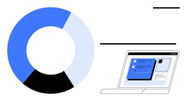Dizüstü bilgisayarın yanında mavi, siyah ve beyaz bölümleri olan turta grafiği veri panelini gösteriyor. Analiz, raporlar, strateji, finans, organizasyon, üretkenlik için ideal basit düz metafor