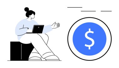 Dizüstü bilgisayarlı bir kadın 1 dolarlık madeni paraya, finans, iletişim, takım çalışması ve işbirliği kavramına doğru hareket ediyor. Bankacılık, iş stratejisi, yatırım tavsiyesi ve bütçeleme için ideal