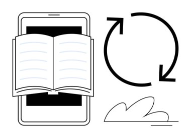 Tablet ekranında gösterilen açık kitap, bilgi paylaşımını temsil eden dairesel oklar ve soyut bulut şekli. Eğitim, e-öğrenim, dijital öğrenme, bilgi paylaşımı ve teknoloji için ideal