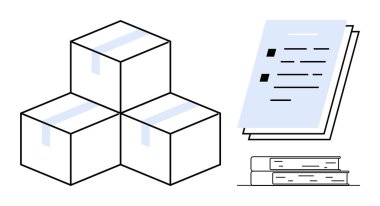 Yığınlanmış nakliye kutuları, istiflenmiş belgeler ve depolama, lojistik ve belgeleri sembolize eden kitaplar. İkmal zinciri, envanter yönetimi, depolama, organizasyon bürosu işlemleri için ideal