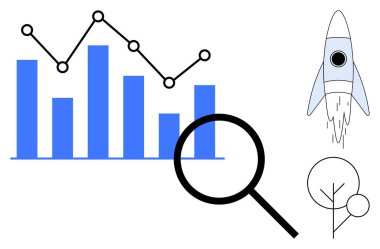 Mavi çizelge, çizgi grafiği, roket, büyüteç, ve ağaç simgesi veri analizi, büyüme, yenilik, keşfetme, sürdürülebilirlik iş stratejisi ve ilerleme. Basit düz metafor