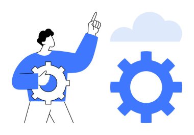 Bulut teknolojisini, yeniliği, takım çalışmasını ve problem çözmeyi sembolize eden bir buluta doğru vites kolları tutan kişi. Teknoloji, yazılım, bulut hizmetleri, takım çalışması bilişim çözümleri için ideal