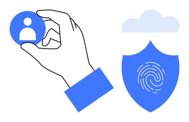 Elinizde bir kullanıcı profili simgesi, içinde parmak izi olan bir kalkan ve bir bulut sembolü var. Kullanıcı verileri, güvenlik, bulut depolama, kimlik doğrulama biyometrik gizlilik için idealdir. Temiz düz metafor