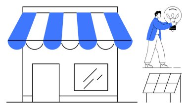 Çizgili güneşliği olan küçük bir dükkan önü, ekolojik ampul tutan bir adam ve güneş panelleri. Sürdürülebilirlik, iş büyümesi, yeşil enerji, yenilik, çevre dostu çözümler, yenilenebilir enerji için ideal