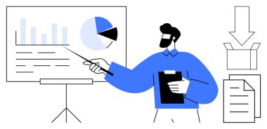 Grafikler ve pasta grafiğiyle tahtaya bakan bir adam. Belge ve kutu grafiklerinin yanında pano tutuyor. İş, veri, strateji, planlama, yönetim, eğitim iş akışı için ideal. Basit düz metafor