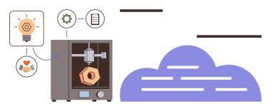 3D yazıcı, fikir, ayar, süreç ve yaratıcılık için simgelerle bağlantılı çokgen bir şekil üretiyor. Yenilik, teknoloji, tasarım, prototip mühendisliği eğitimi için idealdir.