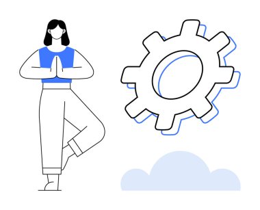 Yogadaki kadın vites ve bulutun yanında poz veriyor, refahın ve verimliliğin uyumunu simgeliyor. Refah, denge, farkındalık, yenilik, iş hayatı uyumu, üretkenlik, kendi kendine bakım için idealdir. Modern