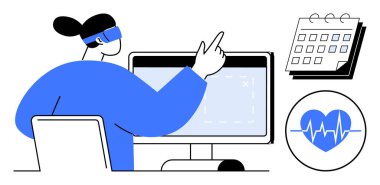 Masaüstü ekran, takvim ve kalp monitörü üzerinde çalışan kadın görüş alanında. Üretkenlik, sağlık takibi, hedef belirleme, proje yönetimi, sağlık planlaması, iş-yaşam dengesi, basit yassı