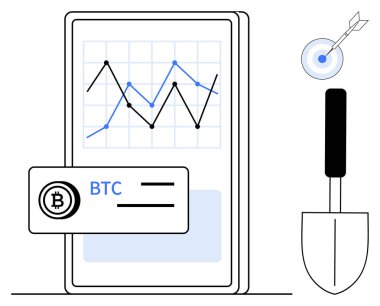 Bitcoin analizli mobil ekran, yükselen finansal tablo, oklu bir hedef ve kürek. Kripto para, finans, madencilik, yatırım, dijital bankacılık bloklama için ideal